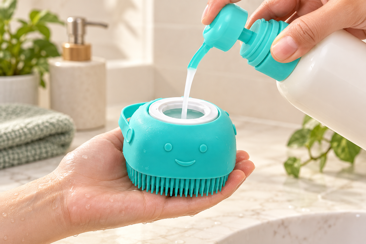 Digital aufbereitetes Anwendungsbeispiel: Shampoo in die Badebürste einfüllen